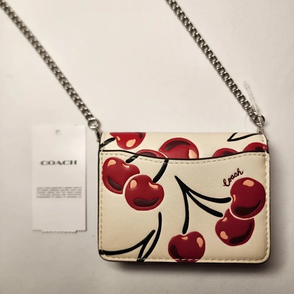 NWT Coach CZ759 Mini Wallet On a Chain Chalk Leather w/Cherry Print
